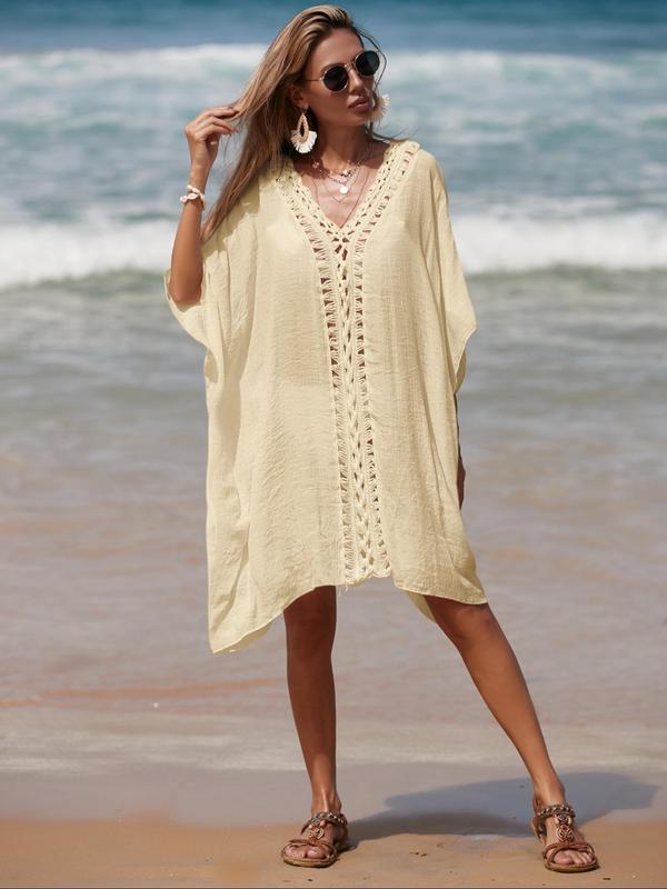 Women's Plain Crochet Hollow Out Batwing Sleeve Cover Up, Beach Outfits, Summer Outfits, Casual V Neck Half Sleeve Cover Up for Beach Vacation, Swimsuit Cover Ups for Women, Women's Clothing, Ladies Summer Clothes