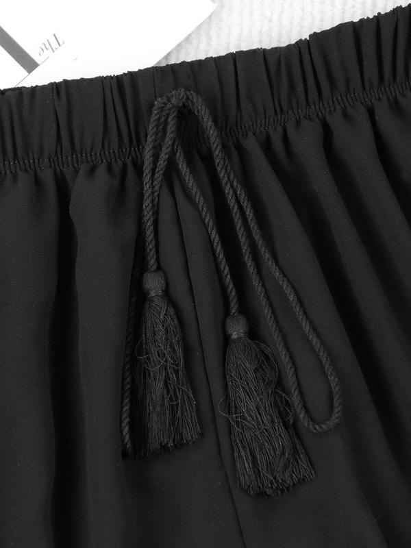 Plus Size Plain Tassel Tie Front Elastic High Waist Shorts, Casual Swim Shorts for Summer, Women's Swimwear Bottoms for Beach Vacation Holiday