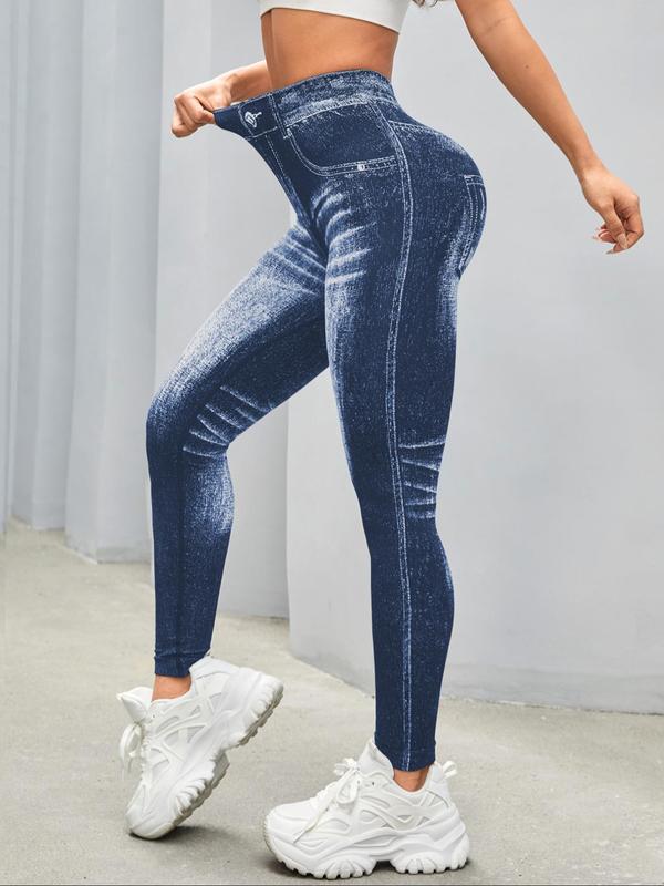 Women's Denim-effect Print High Waist Sports Leggings, Women's Tight Pants, Sporty Comfy Breathable Skinny Pants for Yoga Gym Workout Running, Ladies Sportswear for All Seasons Women's Tight Pants, Tummy Control