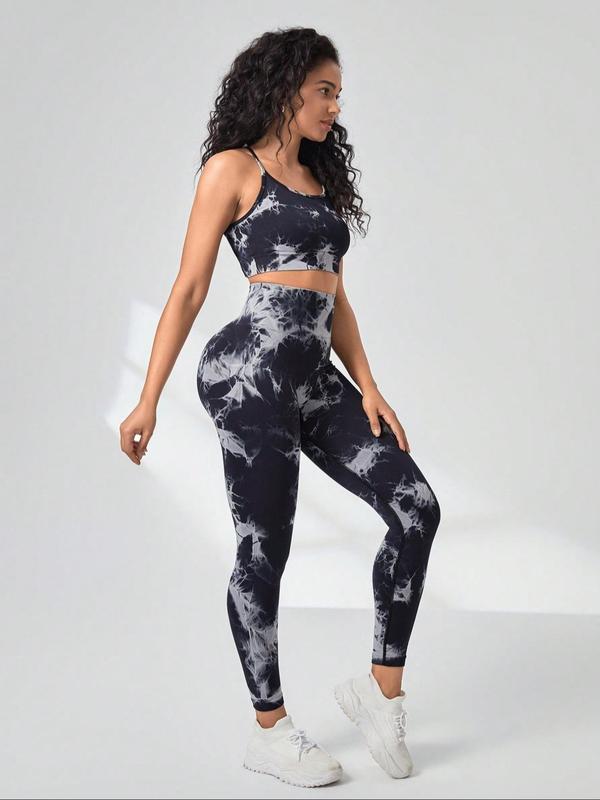 2 Piece Set Women's Tie Dye Print Sports Tracksuit Set, Backless Criss Cross Crop Cami Top & High Waist Leggings, Jogging Suit Set, Ladies Sportswear for Indoor Outdoor Wear, Minimalistic Outfit, Birthday Outfit Black Girl, Fall Outfits