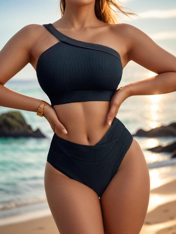 Women's Wrap  Bikini Set, Solid One Shoulder Swim Top & High Waist Swim Bottom, Ladies Summer Swimwear for Beach Holiday Vacation