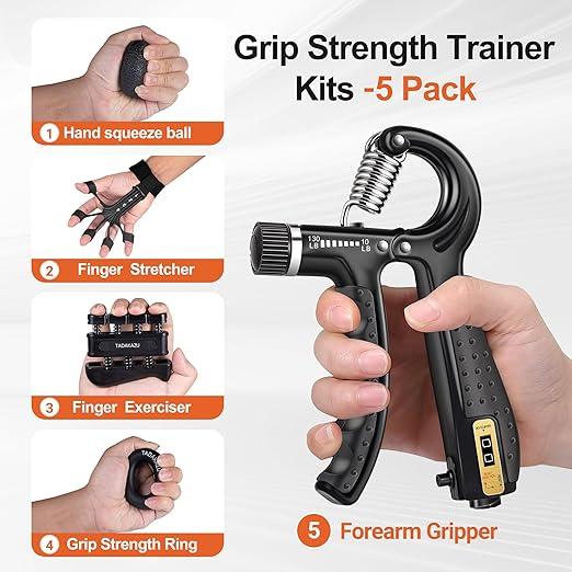 Grip Strength Trainer Kit (5 Pack) Adjustable Resistance Hand Gripper,Finger Exerciser,Hand Extension Exerciser,Stress Relief Ball and Forearm Workout Ring for Muscle Building Injury Recover