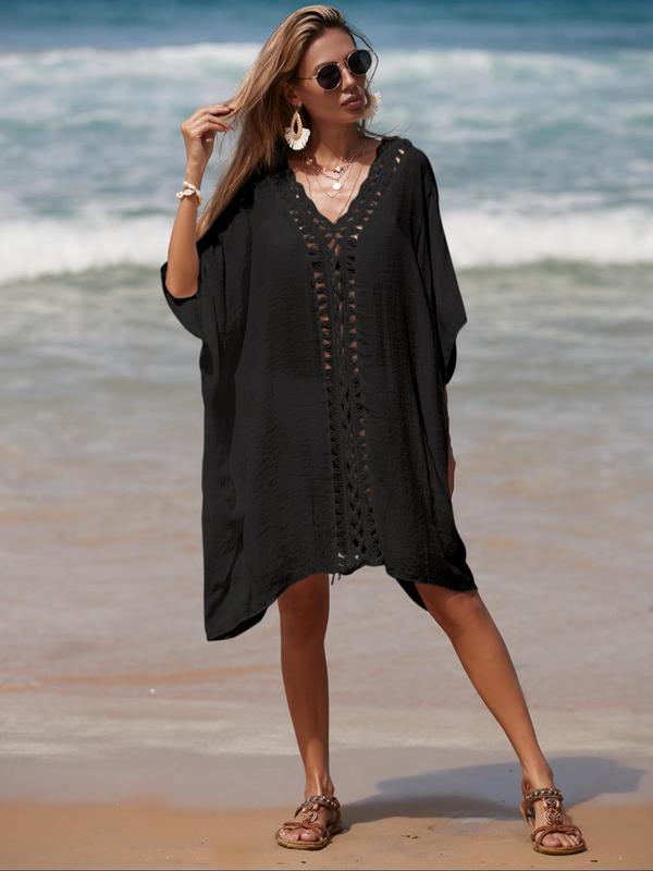 Women's Plain Crochet Hollow Out Batwing Sleeve Cover Up, Beach Outfits, Summer Outfits, Casual V Neck Half Sleeve Cover Up for Beach Vacation, Swimsuit Cover Ups for Women, Women's Clothing, Ladies Summer Clothes