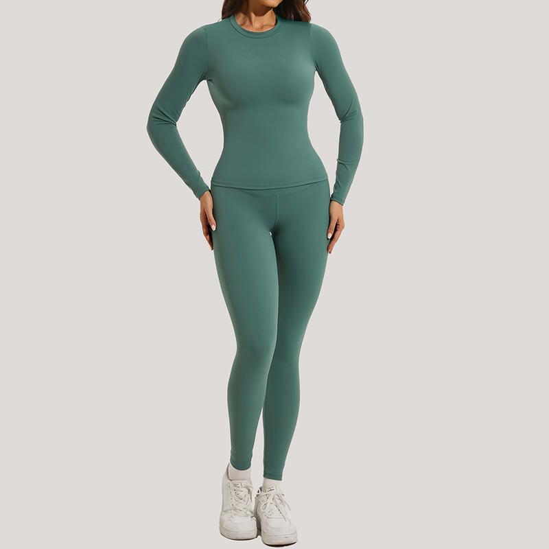 Kabuer Women's Yoga Set - Solid Color Long Sleeve Top and High Waisted Leggings for Gym and Outdoor Fitness Color Tracksuit Set winter sport clothes