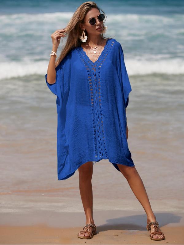 Women's Plain Crochet Hollow Out Batwing Sleeve Cover Up, Beach Outfits, Summer Outfits, Casual V Neck Half Sleeve Cover Up for Beach Vacation, Swimsuit Cover Ups for Women, Women's Clothing, Ladies Summer Clothes