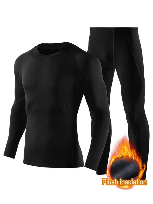 Two-Piece Set Men's Long Sleeve Tee & Leggings Sportswear Set, Tight Sporty Thermal Lined Top & Pants for Gym Workout Running, Men's Sportswear for Fall & Winter