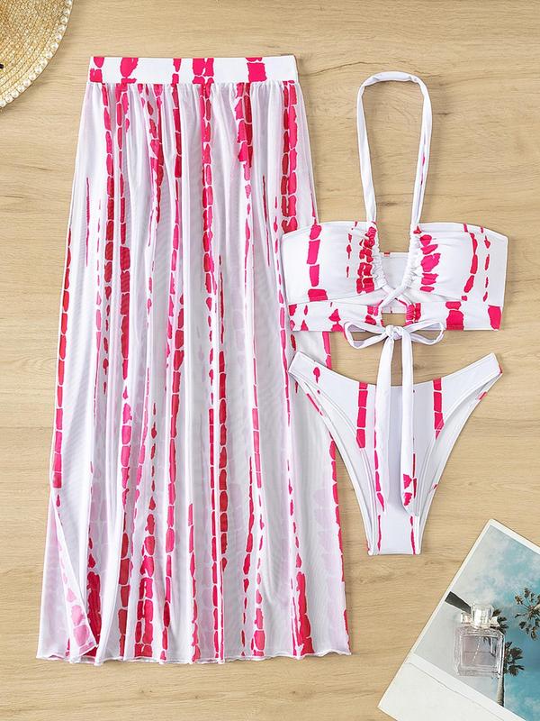 Three-piece Set Women's Tie Dye Print Criss Cross Padded Halter Bra & Split Thigh Skirt & High Cut Panty Swimwear Set, Boho Cut Out Sleeveless Top & High Waist Long Skirt & Panty Summer Swimwear Set, Bathing Suits Women, Minimalistic Outfit