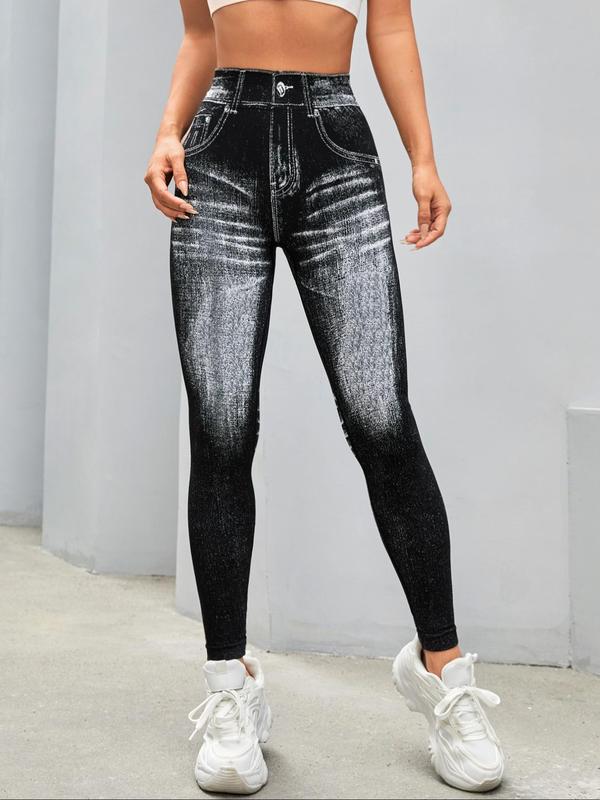 Women's Denim-effect Print High Waist Sports Leggings, Women's Tight Pants, Sporty Comfy Breathable Skinny Pants for Yoga Gym Workout Running, Ladies Sportswear for All Seasons Women's Tight Pants, Tummy Control