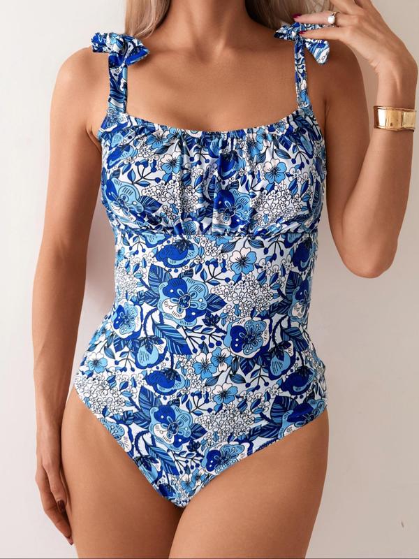 Women's All Over Floral Print Backless One-piece Swimsuit, Casual Tie Shoulder Sleeveless Swimwear for Beach Holiday Vacation, Ladies Swimsuit for All Seasons