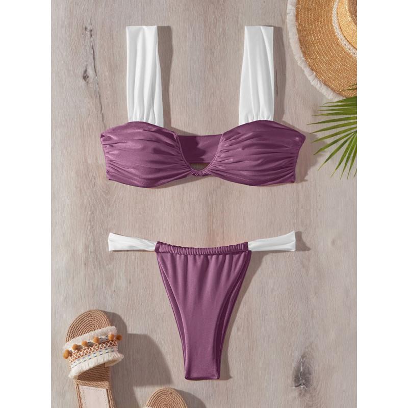 New bikini sexy solid color push up V pleated swimsuit