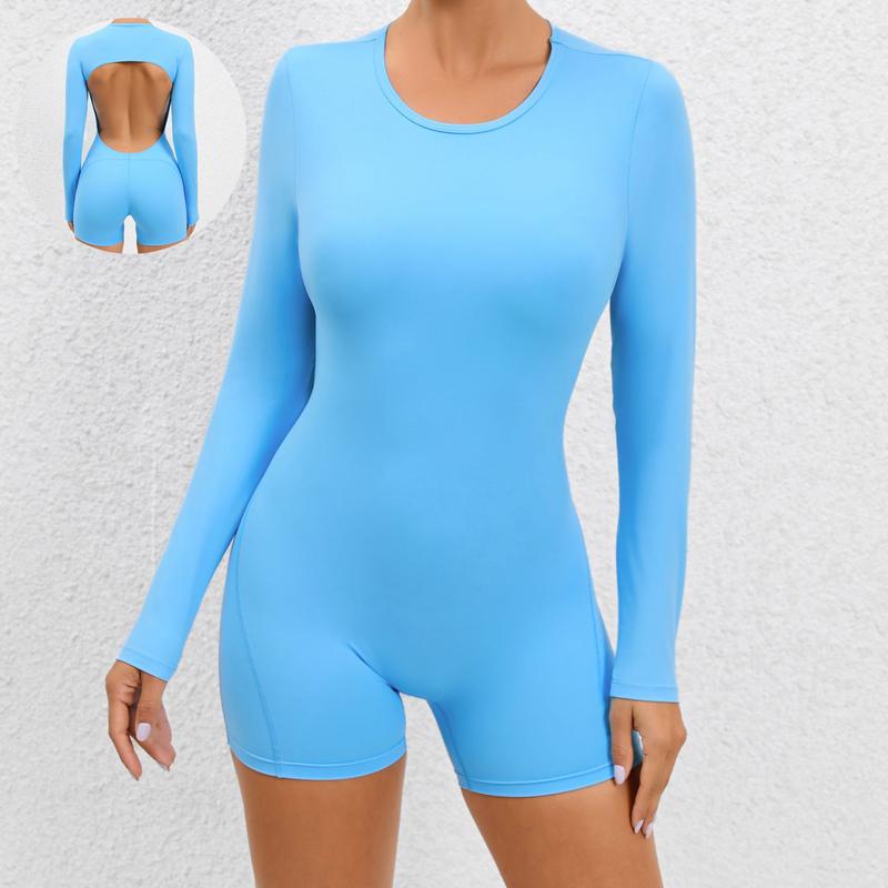 GlamBody Long Sleeve Bodysuit With Shorts Women's Fitness Gym Wear Jumpsuit Cute Rompers Compression