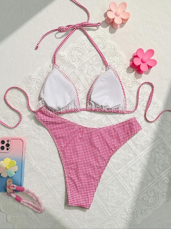 Two-Piece Set Women's Gingham Print Bow Decor Bikini Set, Casual Halter Tie Back Swim Top & High Cut Swim Bottom, Swimsuit for Summer Beach Holiday Vacation