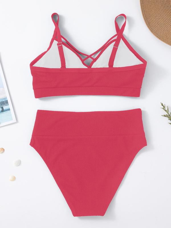 Two-Piece Set Criss Cross Crop Cami Top & High Waist Panty Ribbed Tankini Set, Casual Adjustable Strap Swim Top & Swim Bottom, Women's Summer Swimsuit, Clearance Items 2024