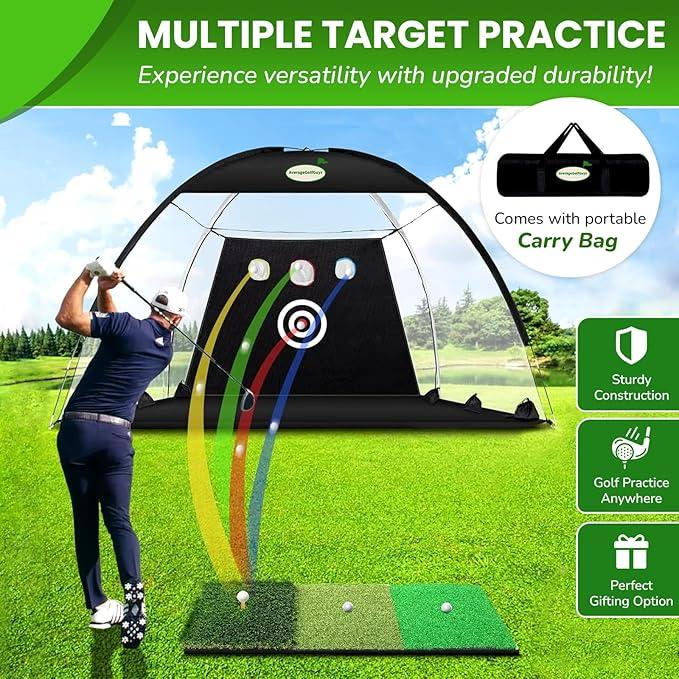 Golf Practice Net,10x7ft All-in-One Indoor Outdoor for Backyard Driving, Swing Training, Chipping, Includes Tri-Turf Golf Mat Targets 5 Balls Portable Bag, Gifts for Men Husband Dad, Black