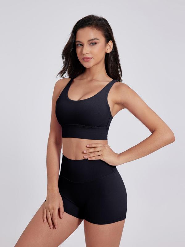 Two-Piece Set Women's Solid Criss Cross Crop Sports Bra & High Waist Shorts Tracksuit Set, Breathable Comfortable Seamless Outfits for Yoga Gym Workout Running, Ladies Sportswear for All Seasons