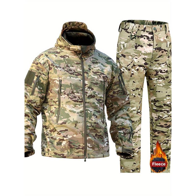 Men's Camo Sharkskin Jacket & Fleece-Lined Pants Set - Windproof, Waterproof, Warm Hooded Outfit for Hiking, Hunting & Outdoor Adventures