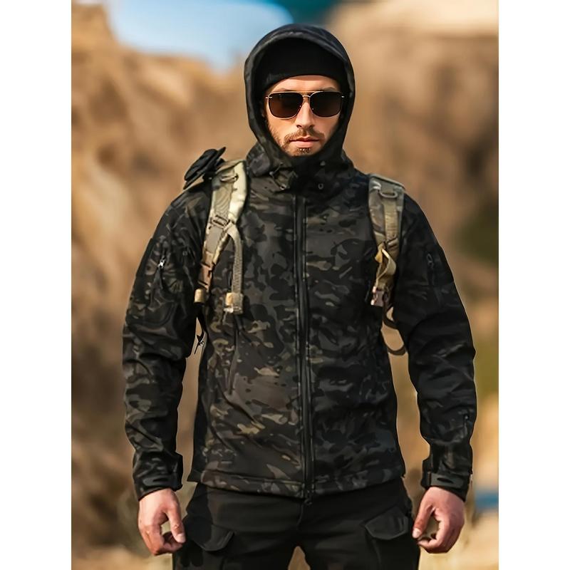 Men's Camo Sharkskin Jacket & Fleece-Lined Pants Set - Windproof, Waterproof, Warm Hooded Outfit for Hiking, Hunting & Outdoor Adventures