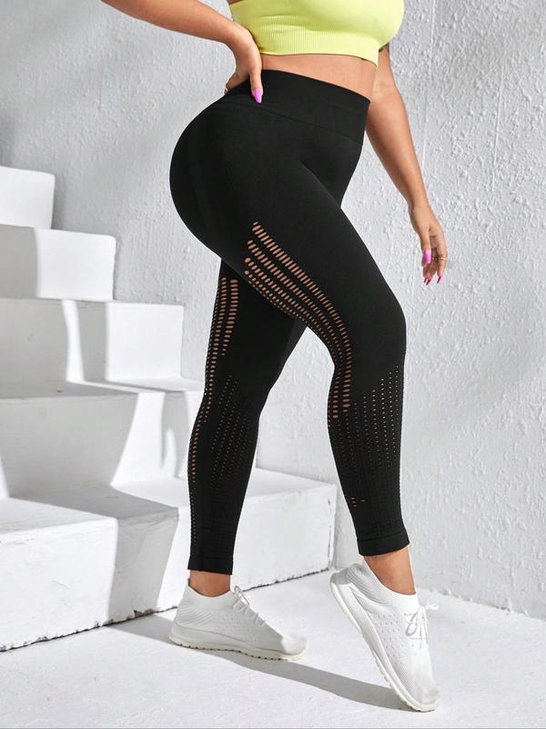 Plus Size Hollow Out High Waist Sports Tummy Control Leggings, High Rise Yoga Leggings for Women Lady, Ladies Clothing for Indoor Outdoor Wear, Fall Outfits 2024