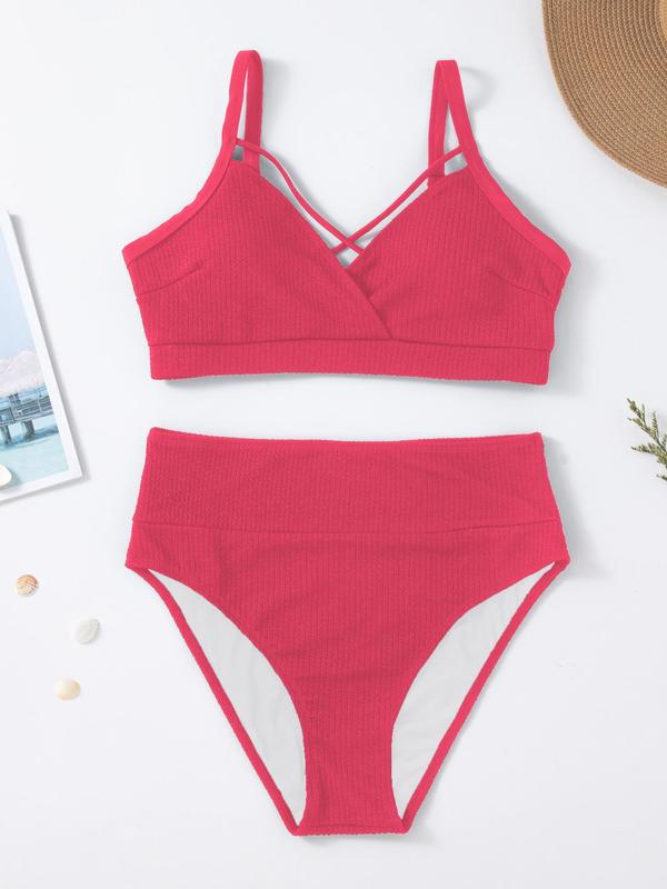 Two-Piece Set Criss Cross Crop Cami Top & High Waist Panty Ribbed Tankini Set, Casual Adjustable Strap Swim Top & Swim Bottom, Women's Summer Swimsuit, Clearance Items 2024