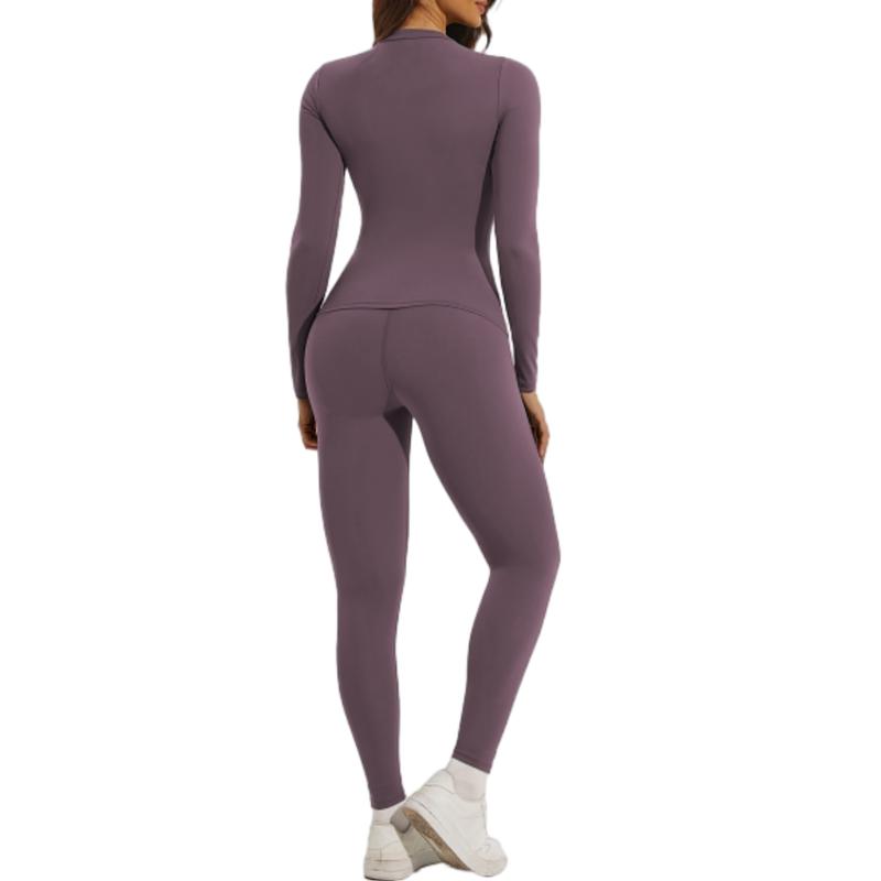 2pcs Solid Color Workout Sets, Long Sleeve Sports Yoga Top & High Waist Hip Lift Running Leggings, Women's Activewear