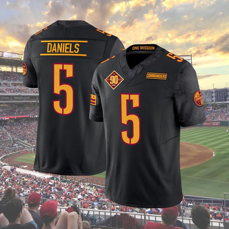 New Design Full Logo Print Ja.y.d3n Dani3ls Washington Comman 90th Anniversary Limited Black Football Jersey, America Football Jersey, Trendy Design Football Lover Jersey, Jersey For Fans, Sport Fan Outfit, Gift For Him, For Boyfriend