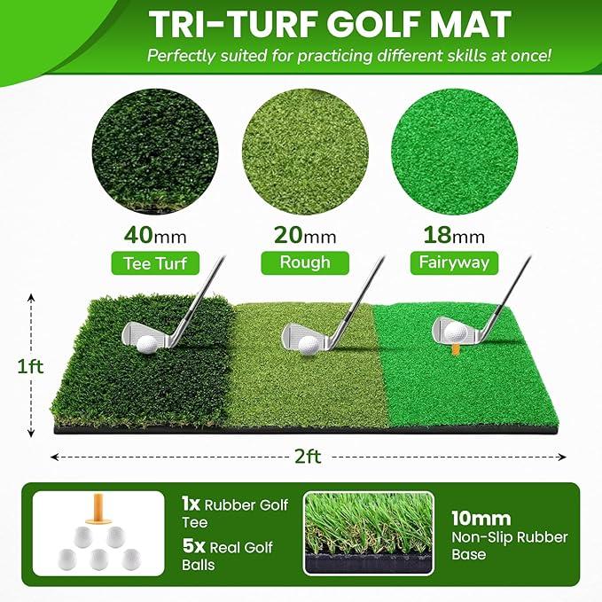 Golf Practice Net,10x7ft All-in-One Indoor Outdoor for Backyard Driving, Swing Training, Chipping, Includes Tri-Turf Golf Mat Targets 5 Balls Portable Bag, Gifts for Men Husband Dad, Black