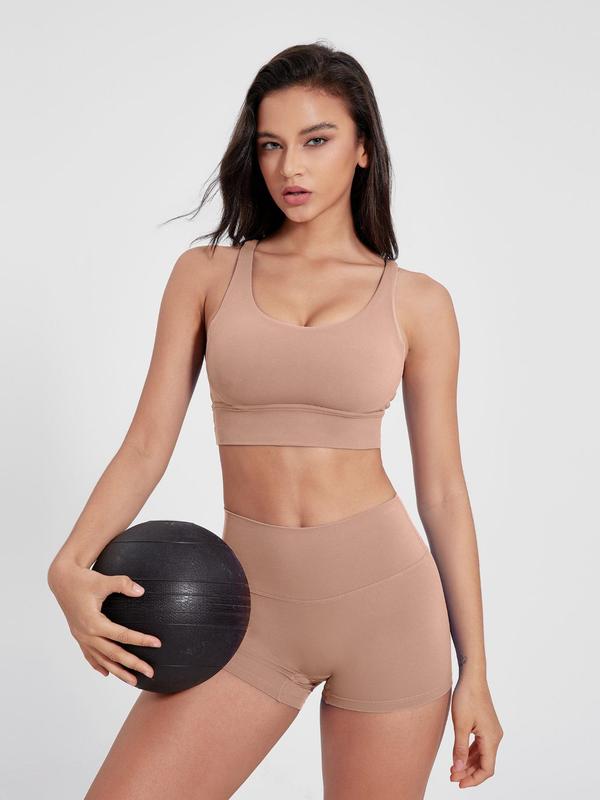 Two-Piece Set Women's Solid Criss Cross Crop Sports Bra & High Waist Shorts Tracksuit Set, Breathable Comfortable Seamless Outfits for Yoga Gym Workout Running, Ladies Sportswear for All Seasons