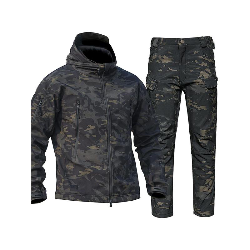 Men's Camo Sharkskin Jacket & Fleece-Lined Pants Set - Windproof, Waterproof, Warm Hooded Outfit for Hiking, Hunting & Outdoor Adventures