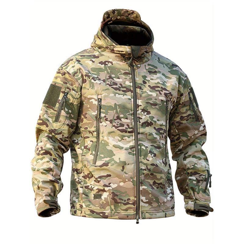 Men's Camo Sharkskin Jacket & Fleece-Lined Pants Set - Windproof, Waterproof, Warm Hooded Outfit for Hiking, Hunting & Outdoor Adventures