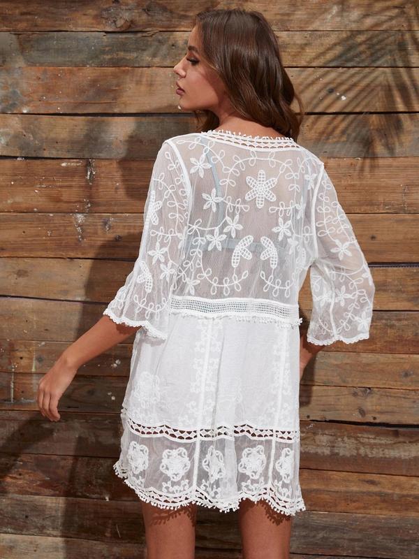 Women's Floral Embroidery Sheer Scallop Trim Sheer Cover Up, Summer Clothes Women, Casual 3 4 Sleeve Deep V Neck Cover Up for Women Summer Beach Vacation, Women's Swimwear