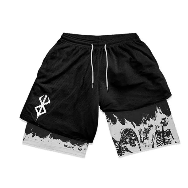 Y2K Compression Shorts Skull Print 2 in 1 Gym Shorts for Men Active Athletic 5 Inch Quick Dry Stretchy Training Fitness Workout