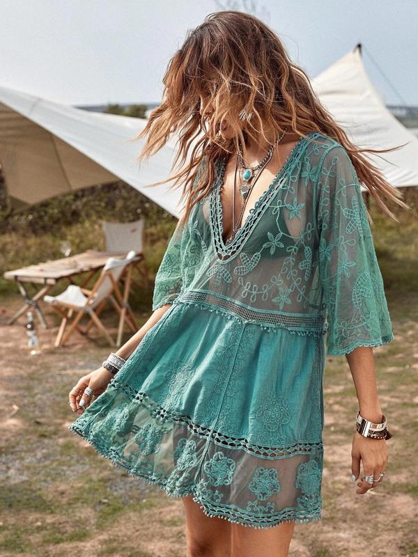 Women's Floral Embroidery Sheer Scallop Trim Sheer Cover Up, Summer Clothes Women, Casual 3 4 Sleeve Deep V Neck Cover Up for Women Summer Beach Vacation, Women's Swimwear