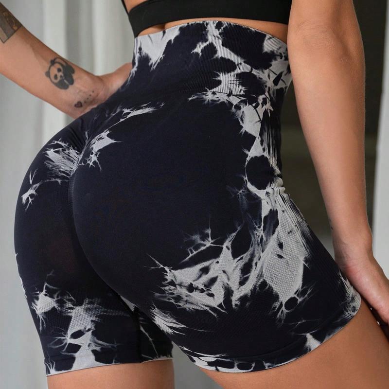 Women's 4pcs Set Tie Dye Print High Waist Seamless Gym Shorts, Casual Comfy Breathable Wide Waistband Skinny Yoga Shorts , Casual Comfy Breathable Seamless High Stretch Bike shorts, Ladies Active Shorts Leggings for Indoor Outdoor Wear