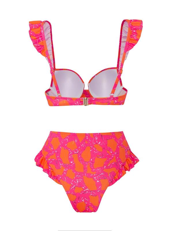 Three-Piece Set Women's All Over Print Ruffle Trim Swimsuit Sets, Boho Sleeveless Swim Top & High Waist Swim Bottom & Split Thigh Cover Up Skirt Set, Bathing Suits, Tummy Control Swimwear, Ladies Back To School Swimwear for Beach