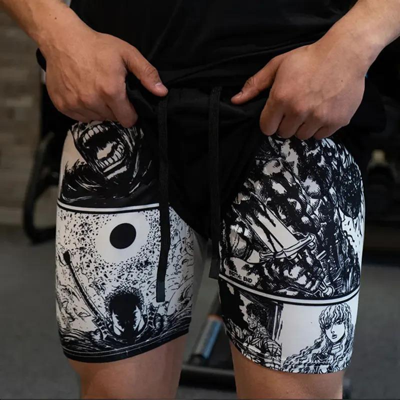 Y2K Compression Shorts Skull Print 2 in 1 Gym Shorts for Men Active Athletic 5 Inch Quick Dry Stretchy Training Fitness Workout