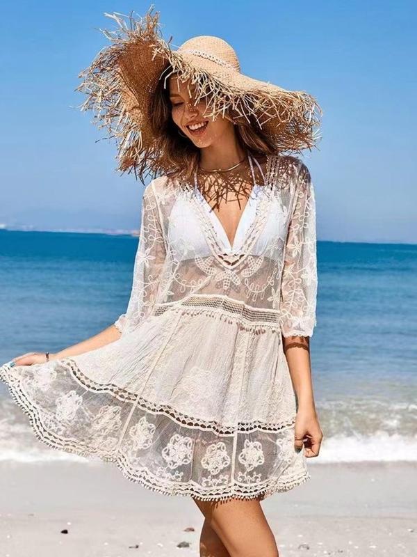 Women's Floral Embroidery Sheer Scallop Trim Sheer Cover Up, Summer Clothes Women, Casual 3 4 Sleeve Deep V Neck Cover Up for Women Summer Beach Vacation, Women's Swimwear