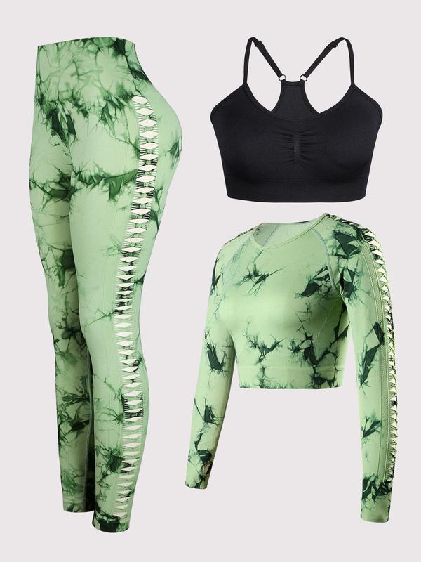 Three-Piece Set Women's Tie Dye Print Raglan Sleeve Crop Top & Leggings & Plain Ruched Crop Cami Top Tracksuit Set, Sporty Breathable Comfy Outfits for Yoga Gym Workout Running, Ladies Sportswear for All Seasons