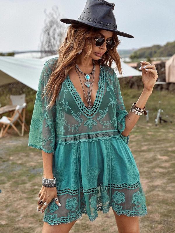 Women's Floral Embroidery Sheer Scallop Trim Sheer Cover Up, Summer Clothes Women, Casual 3 4 Sleeve Deep V Neck Cover Up for Women Summer Beach Vacation, Women's Swimwear