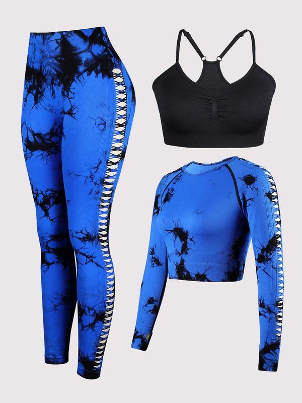 Three-Piece Set Women's Tie Dye Print Raglan Sleeve Crop Top & Leggings & Plain Ruched Crop Cami Top Tracksuit Set, Sporty Breathable Comfy Outfits for Yoga Gym Workout Running, Ladies Sportswear for All Seasons