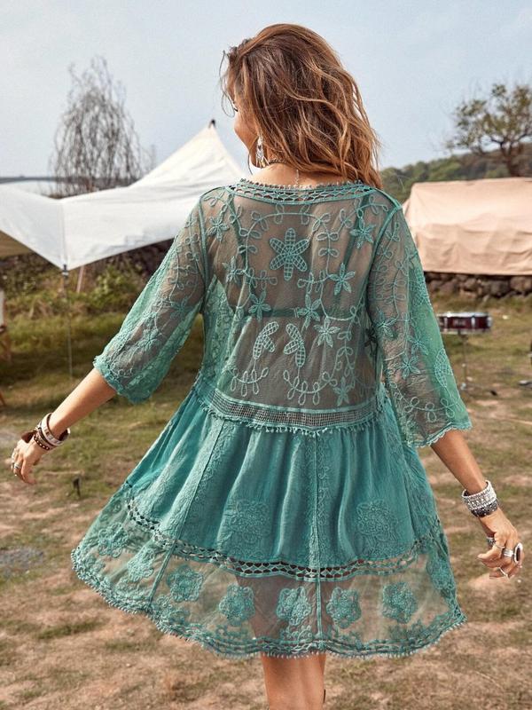 Women's Floral Embroidery Sheer Scallop Trim Sheer Cover Up, Summer Clothes Women, Casual 3 4 Sleeve Deep V Neck Cover Up for Women Summer Beach Vacation, Women's Swimwear