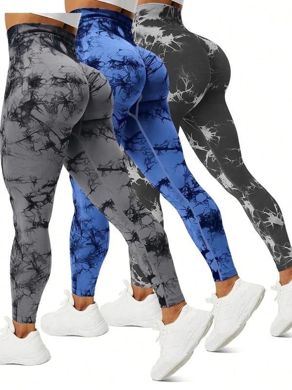 Women's Tie Dye Print Ruched High Waist Sports Leggings Set, New Arrival Summer Sporty Seamless Skinny Pants for Yoga Gym, Women Sport & Outdoor Clothing for All Seasons, Tummy Control