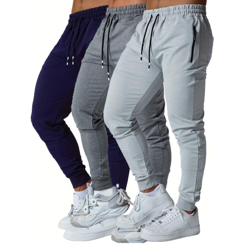 3PCS Zipper Pockets Men's Sweatpants, Tapered Joggers for Athletic Workout, Jogging, Running