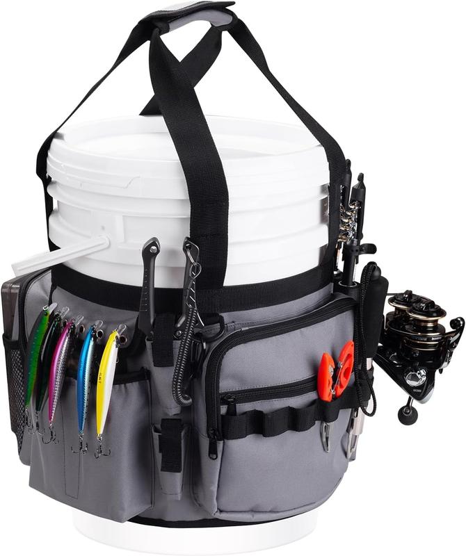 Fishing Bucket Organizer for 5 Gallon Bucket, Fishing Bucket Rod Holder Tool Organizer, Bucket Organizer with Adjustable Buckle & Multi-Pockets for Fishing Gear