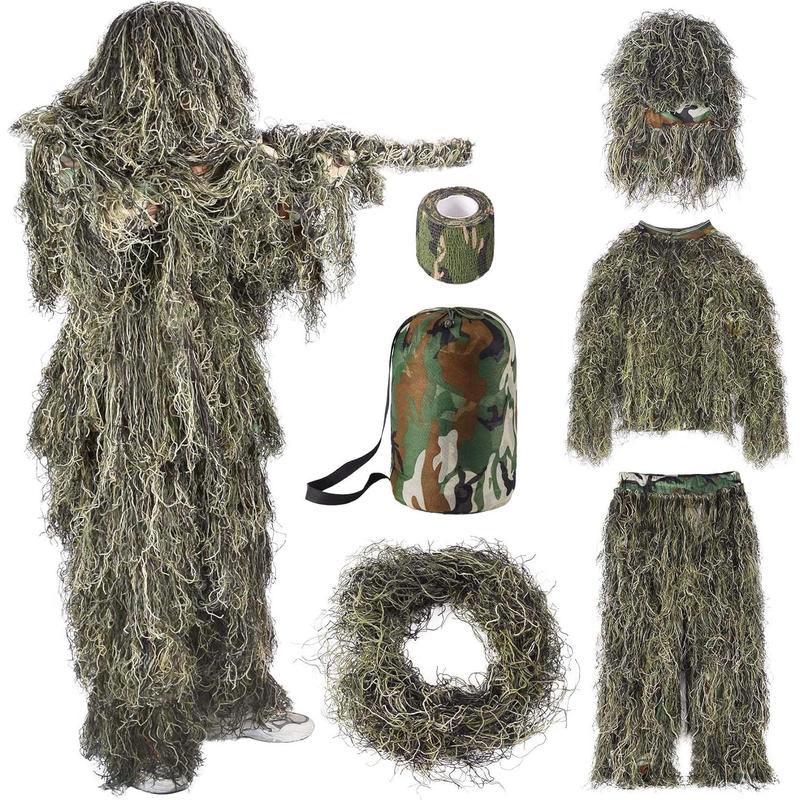 6 in 1 Ghillie Suit, 3D Camouflage  Apparel Including Jacket, Pants, Hood, Carry Bag and Camo Tapes