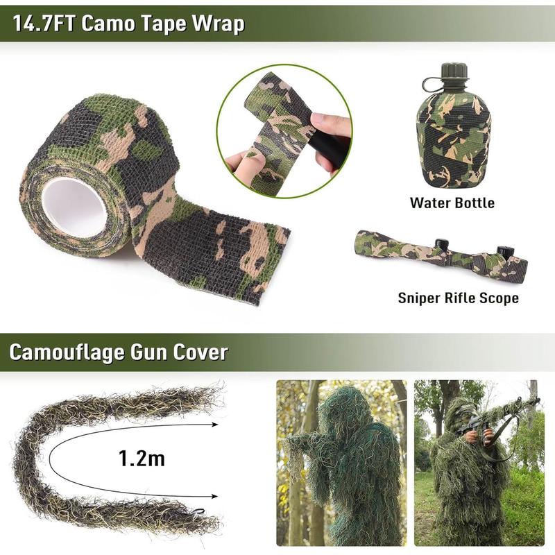 6 in 1 Ghillie Suit, 3D Camouflage  Apparel Including Jacket, Pants, Hood, Carry Bag and Camo Tapes