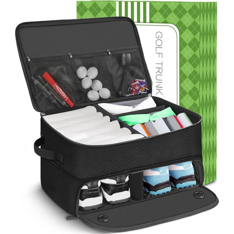 2 Layer Golf Trunk Organizer,   Golf Locker for 2 Pair Shoes, Durable Golf Trunk Storage for Balls, Tees, Clothes, Gloves, Accessories, Golf Gifts