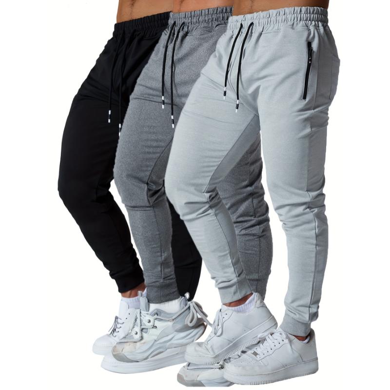 3PCS Zipper Pockets Men's Sweatpants, Tapered Joggers for Athletic Workout, Jogging, Running