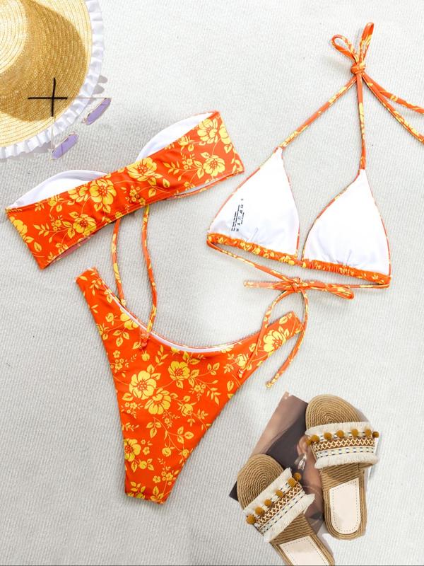 Three-Piece Set Women's Floral Print Tie Front Bandeau Top & Tie Back Triangle Top & High Cut Bottom Bikinis Set, Fashion Chic Swimwear for Beach Holiday Vacation, Summer Outfits, Ladies Summer Clothes