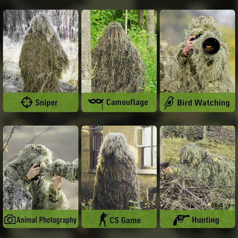 6 in 1 Ghillie Suit, 3D Camouflage  Apparel Including Jacket, Pants, Hood, Carry Bag and Camo Tapes