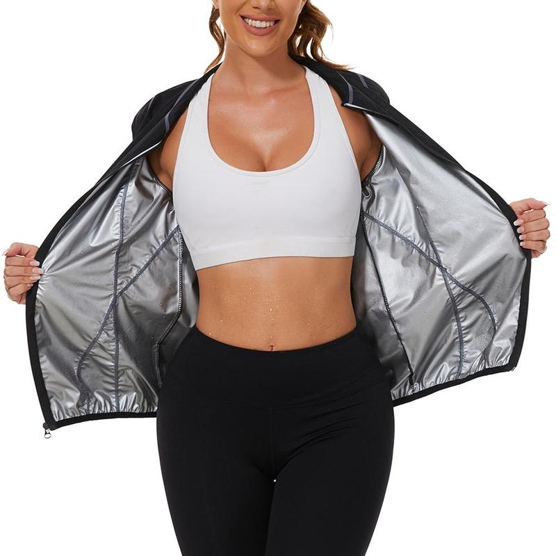 Women's Sauna Suit for Intense Sweat,Zippered with Silver Detail, Sweat-Maximizing Material, Precision Craftsmanship, Elastic Wrists and Neck, and Striking Grey Contrast Lines for Unmatched Fitness Experience